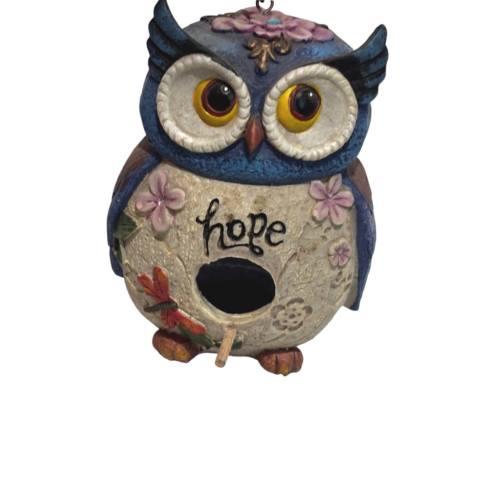 Blue Resin Cute Owl Birdhouse Hanging Garden Decor Floral Hope  7.5" Cottagecore